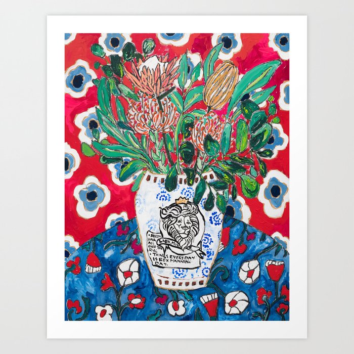 Rex Manning Day Red Floral Still Life with Lion Vase Art Print