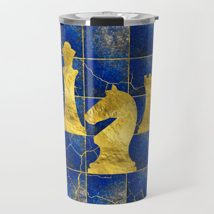 Lapis Lazuli Chessboard and Gold Chess Pieces Travel Mug