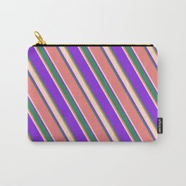 [ Thumbnail: Purple, Sea Green, Light Coral, and Bisque Colored Lined/Striped Pattern Carry-All Pouch ]