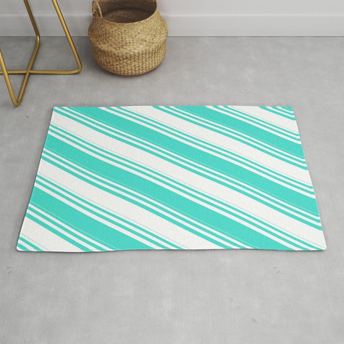 White and Turquoise Colored Lined/Striped Pattern Rug