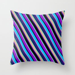 [ Thumbnail: Eyecatching Deep Sky Blue, Tan, Dark Violet, Midnight Blue, and Black Colored Lines Pattern Throw Pillow ]