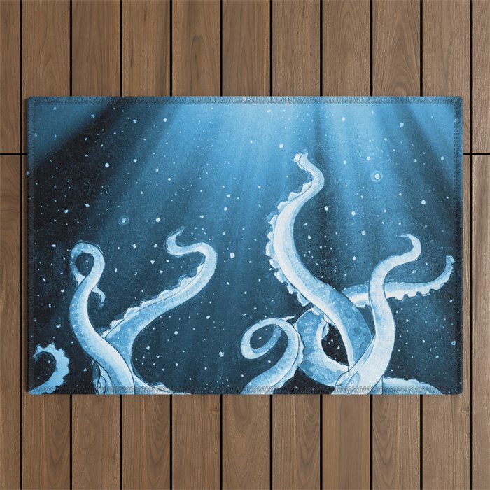 Octopus Tentacles Kraken Monster Rays Watercolor Blue Ocean Outdoor Rug