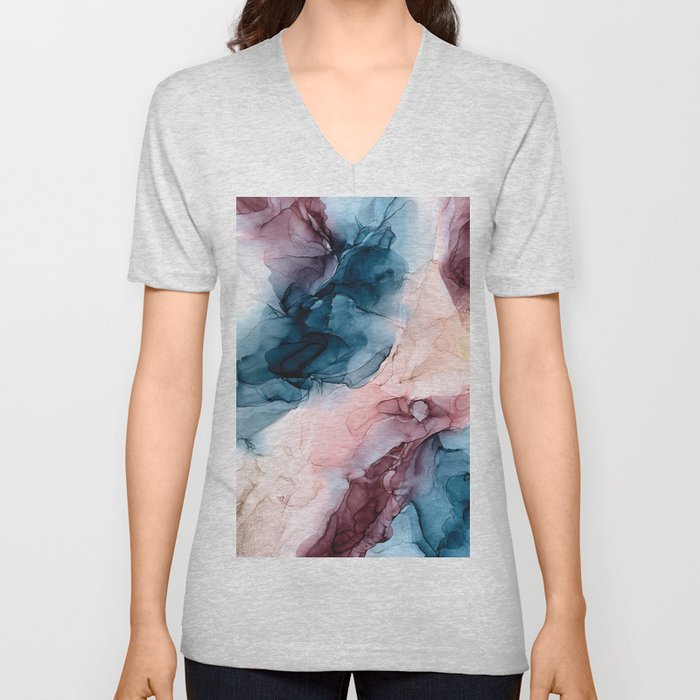 Pastel Plum, Deep Blue, Blush and Gold Abstract Painting V Neck T Shirt