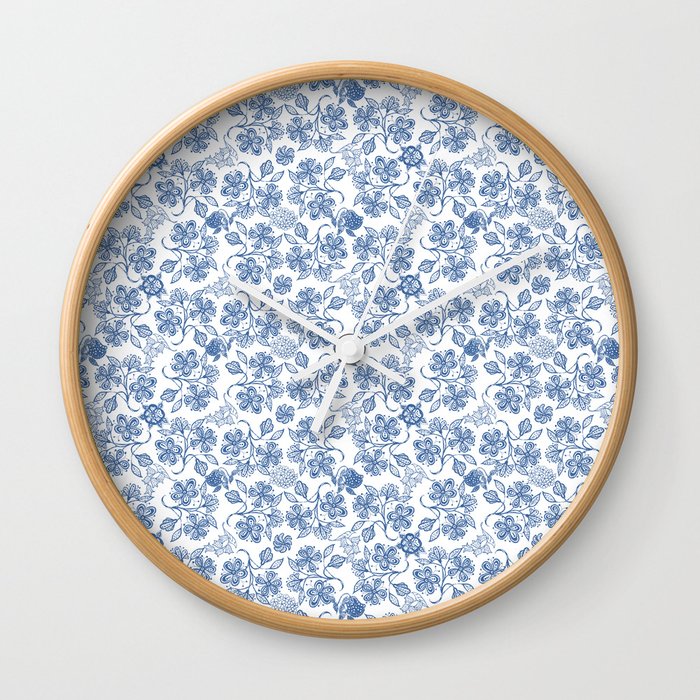 Pretty Indigo Blue and White Ethnic Floral Print Wall Clock
