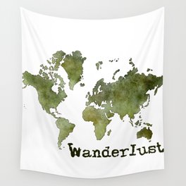Wanderlust World Map in a Green Watercolor Design Wall Tapestry
