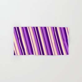 [ Thumbnail: Beige, Indigo & Orchid Colored Lines Pattern Hand & Bath Towel ]