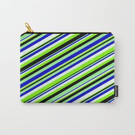 [ Thumbnail: Eyecatching Green, Blue, Mint Cream, Chartreuse, and Black Colored Lined/Striped Pattern Carry-All Pouch ]