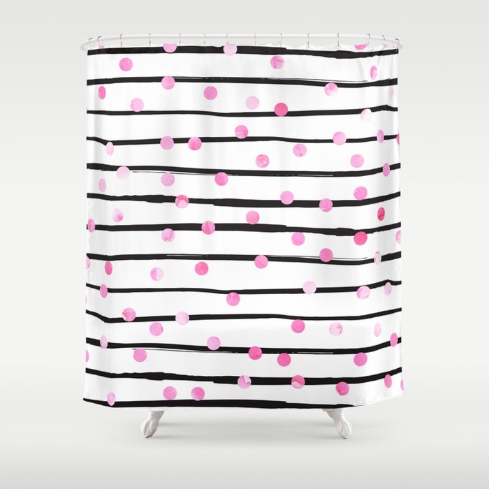 Blush pink black watercolor modern stripes polka dots Shower Curtain