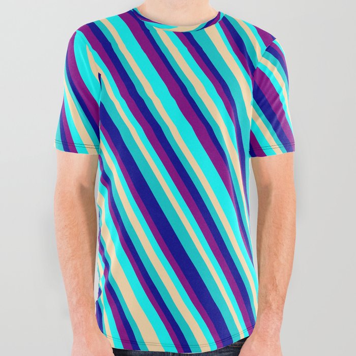 Eye-catching Purple, Aqua, Tan, Dark Turquoise, and Dark Blue Colored Stripes/Lines Pattern All Over Graphic Tee
