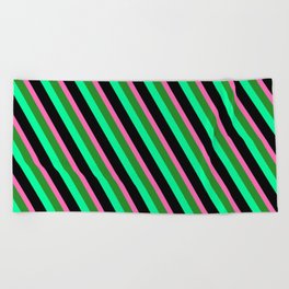 [ Thumbnail: Hot Pink, Forest Green, Green & Black Colored Striped Pattern Beach Towel ]