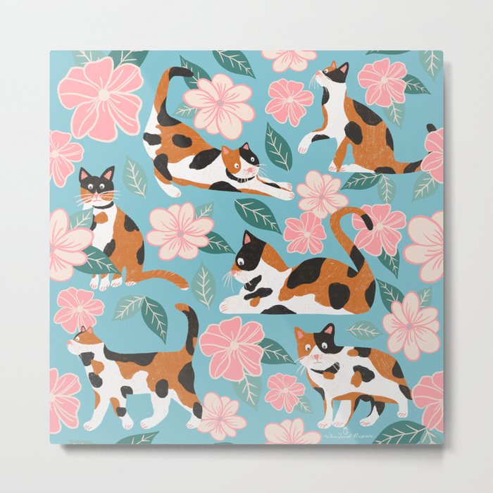 Cats & Blooms - Turquoise Pink Palette Metal Print