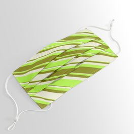 [ Thumbnail: Beige, Light Green & Green Colored Striped/Lined Pattern Face Mask ]