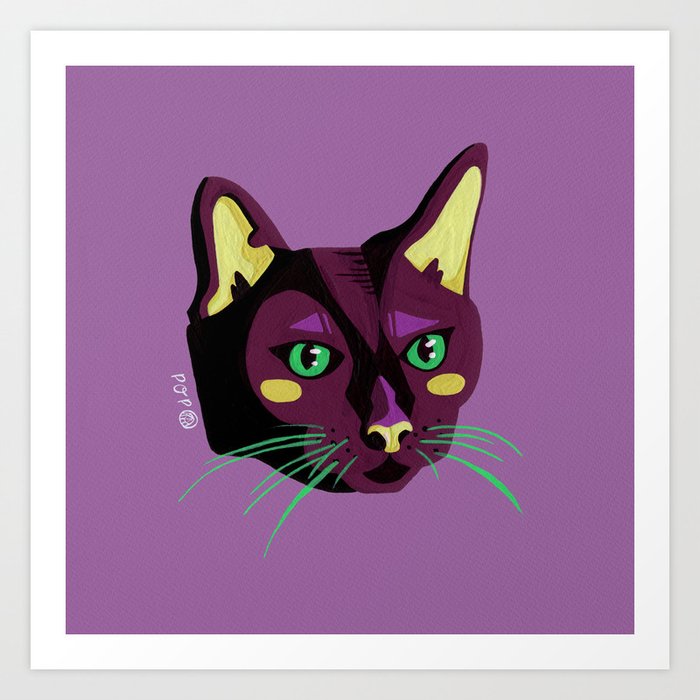 Graphic Cat Head - Purple Palette Art Print