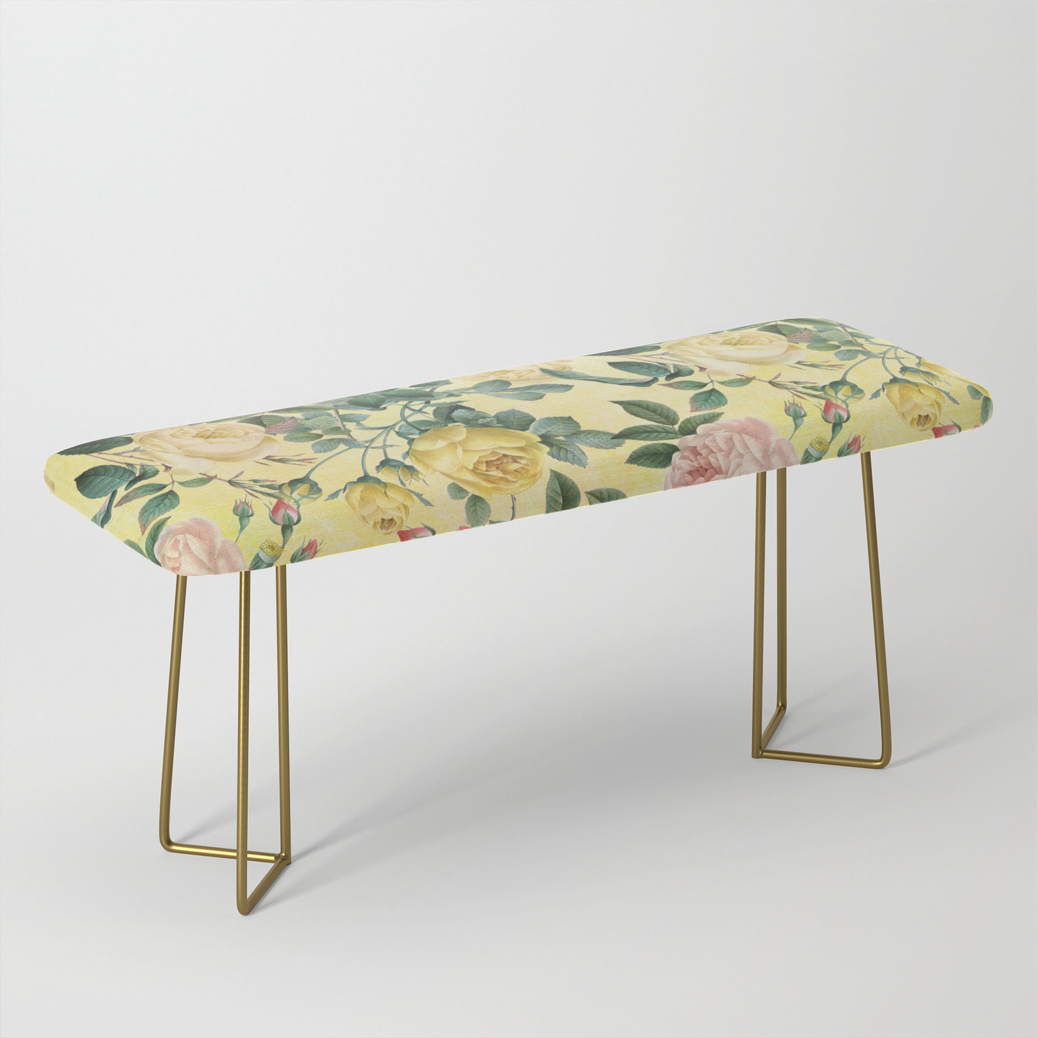 Vintage Shabby Chic Yellow Summer Roses Garden Bench By