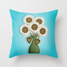 White and Brown Modern Sunflowers in Green Vase // Turquoise Blue Background Throw Pillow