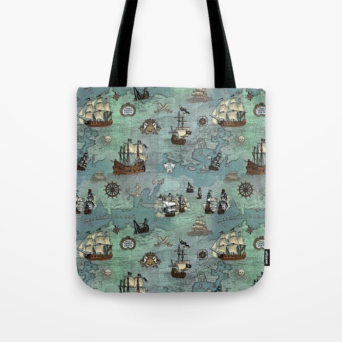 Pirate Ships Nautical Map Tote Bag