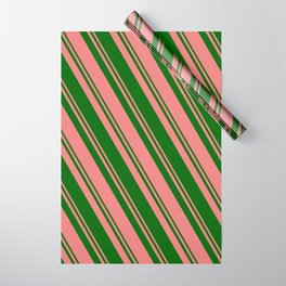 [ Thumbnail: Light Coral and Dark Green Colored Lines Pattern Wrapping Paper ]