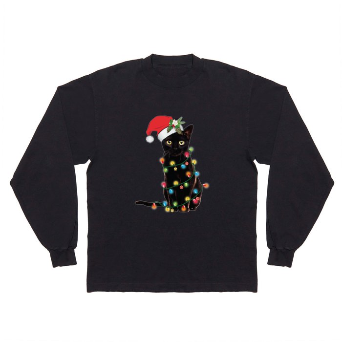 Santa Black Cat Tangled Up In Lights Christmas Santa Graphic Long Sleeve T Shirt