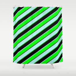 [ Thumbnail: Turquoise, Lime & Black Colored Lined/Striped Pattern Shower Curtain ]