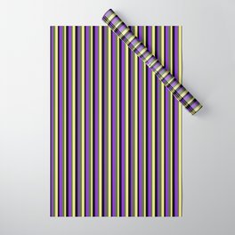 [ Thumbnail: Purple, Black, Tan, and Dark Olive Green Colored Striped Pattern Wrapping Paper ]