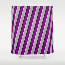 [ Thumbnail: Purple, Lavender, Dark Grey, and Black Colored Lines Pattern Shower Curtain ]