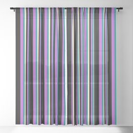 [ Thumbnail: Bisque, Dark Cyan, Orchid & Black Colored Lined Pattern Sheer Curtain ]