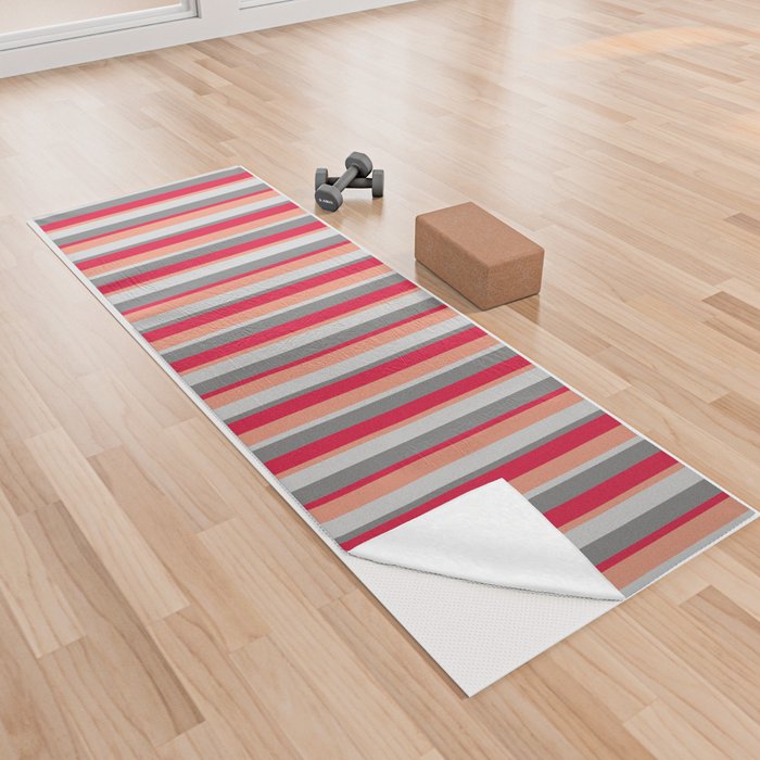 Crimson, Gray, Light Grey, and Dark Salmon Colored Lines/Stripes Pattern Yoga Towel