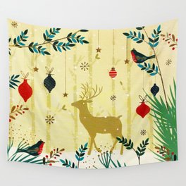 Gold Forest Winter Reindeer Birds Wall Tapestry