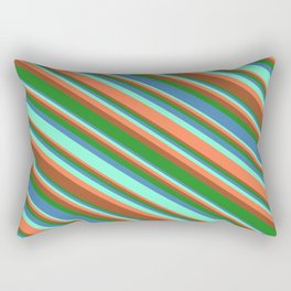 [ Thumbnail: Aquamarine, Coral, Sienna, Forest Green, and Blue Colored Lined/Striped Pattern Rectangular Pillow ]