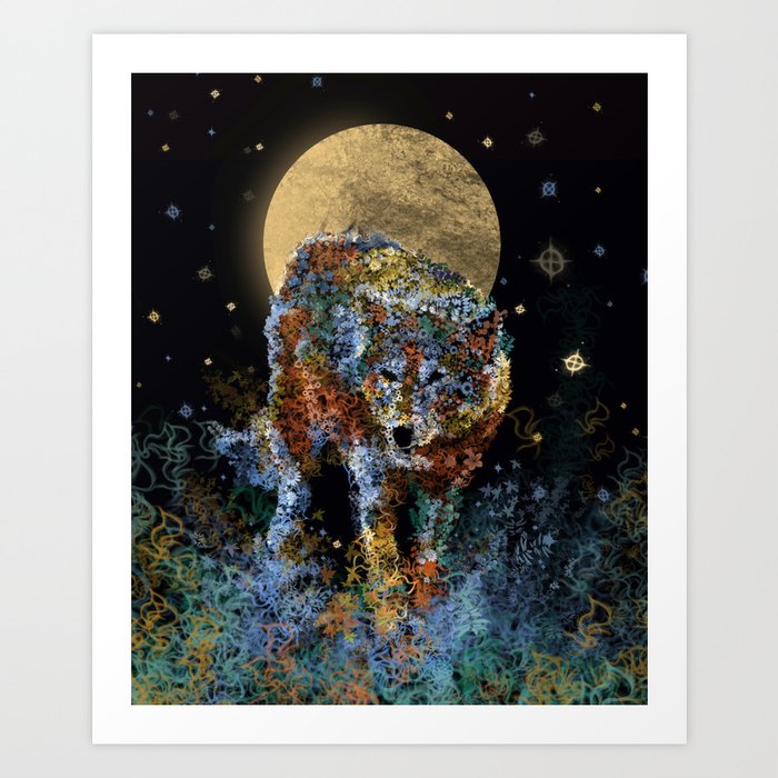 floral animals wolf and stars Art Print