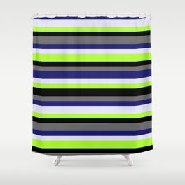 [ Thumbnail: Eyecatching Midnight Blue, Lavender, Light Green, Black, and Dim Gray Colored Stripes/Lines Pattern Shower Curtain ]