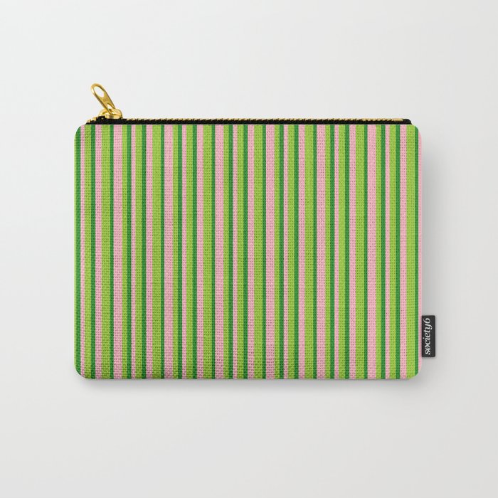 Light Pink, Green & Forest Green Colored Lines Pattern Carry-All Pouch