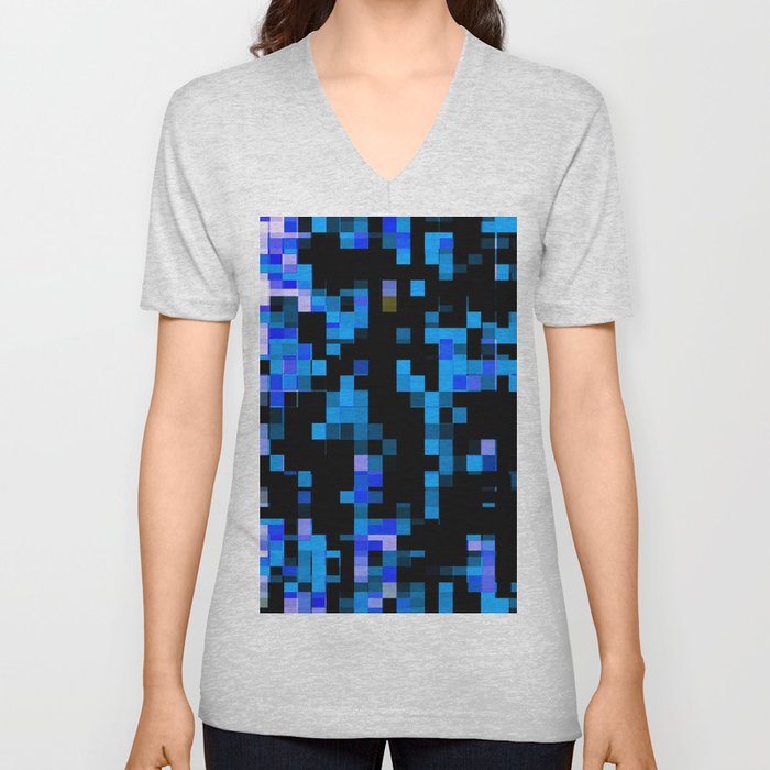 geometric pixel square pattern abstract background in blue black V Neck T Shirt