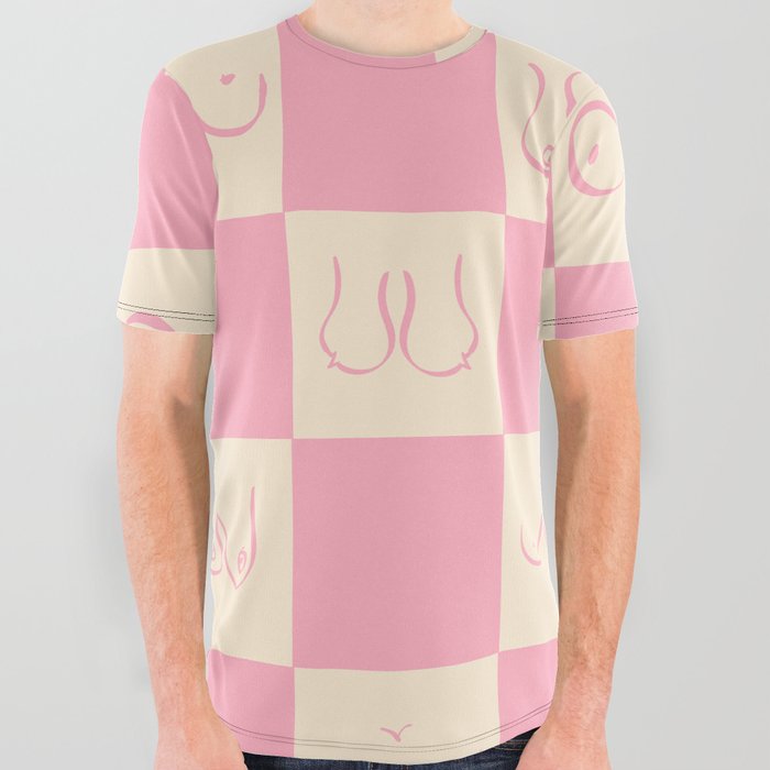 Retro Pink Gingham Boobs Drawing All Over Graphic Tee