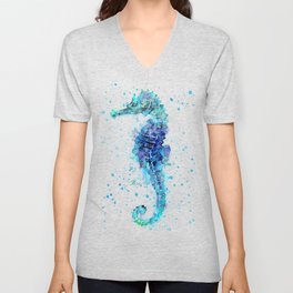 Blue Turquoise Watercolor Seahorse V Neck T Shirt