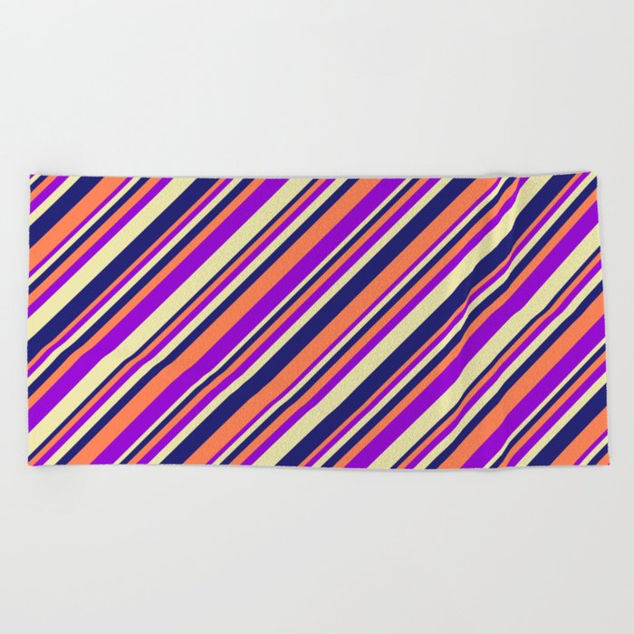 Coral, Dark Violet, Pale Goldenrod, and Midnight Blue Colored Lined/Striped Pattern Beach Towel