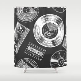Seamless pattern with Audio and video carriers. Vinyl record, tape reel, compact tape cassette, VHS and compact disc.  Shower Curtain