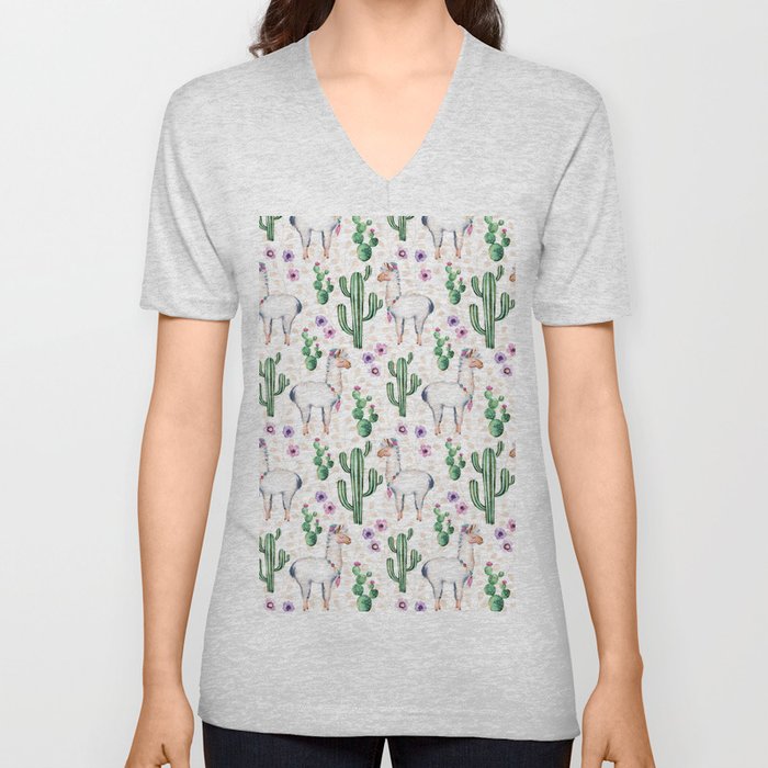 Llama Llamarama + Cactus V Neck T Shirt