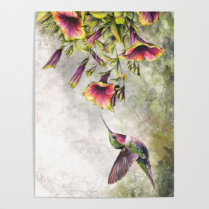 Hummingbird with Flowers Poster