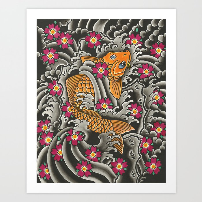Japanese Koi Fish And Cherry Blossoms Tattoo Art Art Print By