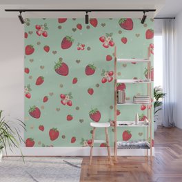 Mint green red gold geometrical strawberry fruit Wall Mural