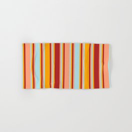 [ Thumbnail: Orange, Red, Light Salmon & Powder Blue Colored Stripes/Lines Pattern Hand & Bath Towel ]