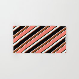 [ Thumbnail: Salmon, Brown, Black & Light Cyan Colored Pattern of Stripes Hand & Bath Towel ]
