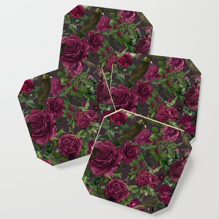 BURGUNDY ROSES & RAVENS DARK PATTERN Coaster