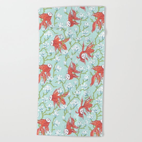 Goldfish, Mask and Magnolia Pattern Beach Towel