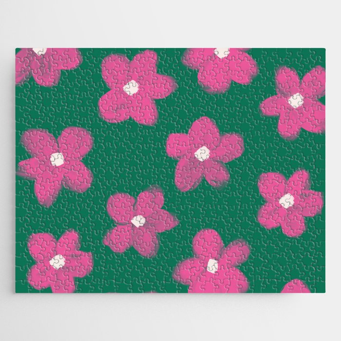 70s 60s Bold Pink Flowers on Green Jigsaw Puzzle