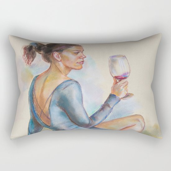 Girl with a glass of red wine Rectangular Pillow