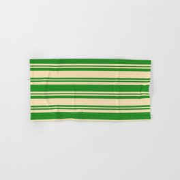 [ Thumbnail: Forest Green and Tan Colored Lined Pattern Hand & Bath Towel ]