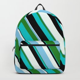 [ Thumbnail: Eye-catching Mint Cream, Sky Blue, Forest Green, Dark Turquoise & Black Colored Pattern of Stripes Backpack ]