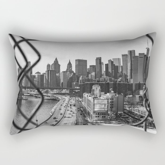 Views of New York City | Skyline and Brooklyn Bridge Through the Fence | Black and White Rectangular Pillow